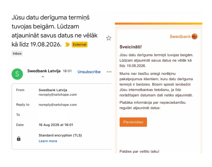 Swedbank aicina klientus uzmanīties – krāpnieki izsūta viltus datu atjaunošanas vēstules 4 Ekranuznemums 2026 08 17 091851